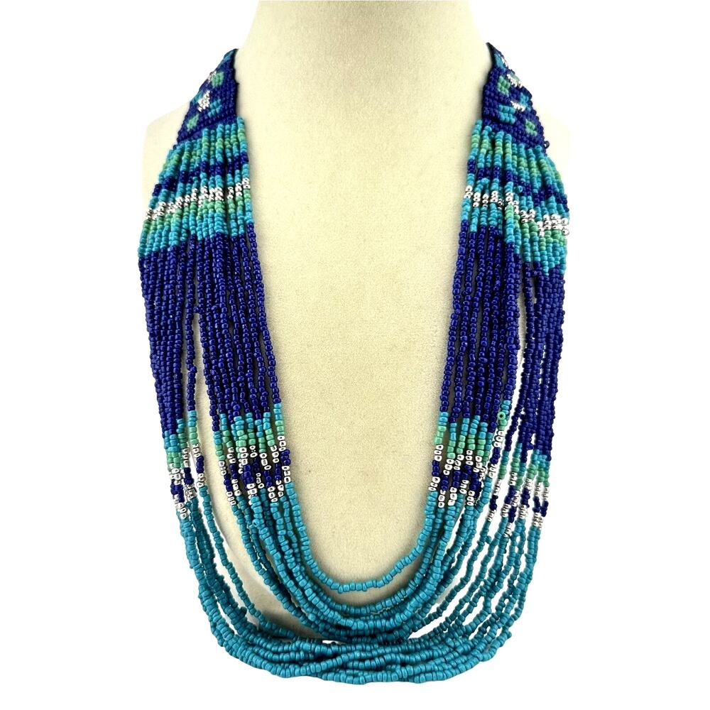 Boho Blue Teal Green Woven Beads Draped Multistrand Silver Tone 25” Necklace - Picture 1 of 6